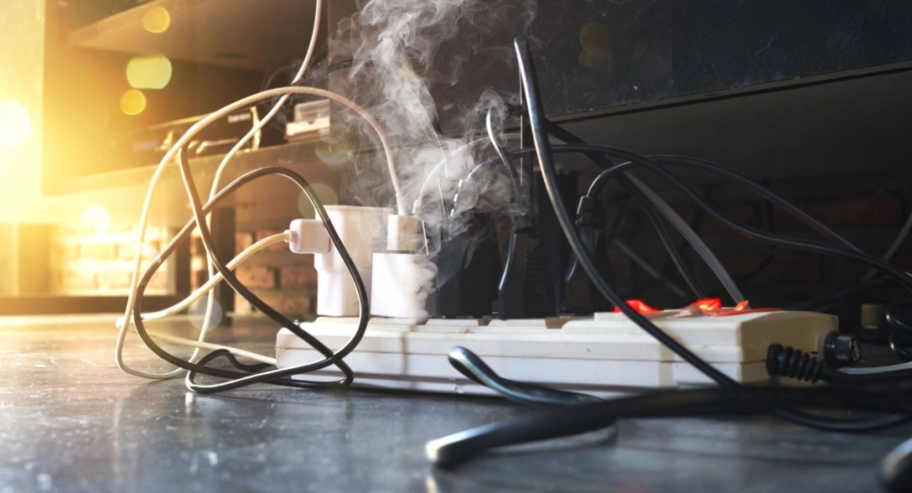 Feil i elektriske anlegg, Brann brand i stikkontakt forlængerledning, smoke fire in electric system