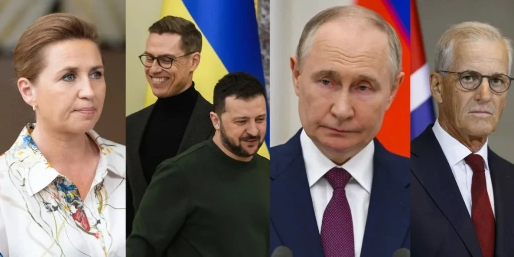 Danmarks statsminister prime minister of Denmark Mette Frederiksen, Prime minister of Finland Alexander Stubb, president of Ukraine Volodymyr Zelenskyj, statsminister i Norge Priminister of Norway Jonas Gahr Støre
