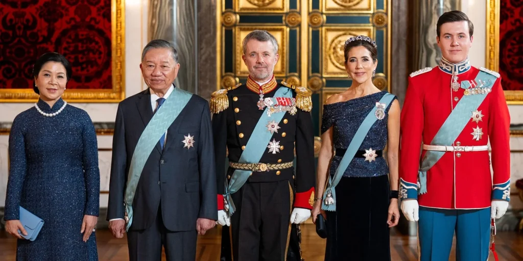Danske kongefamilie, statsbesøg, Hans Majestæt Kong Frederik, Hendes Majestæt Dronning Mary, Hans Kongelige Højhed Kronprins Christian, HE General Secretary of the Central Committee of the Communist Party of Viet Nam and President of the Socialist Republic of Viet Nam Mr. Tô Lâm HE Spouse of General Secretary, President of the Socialist Republic of Viet Nam Madame Ngô Phương Ly