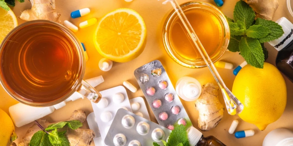 Cold,And,Flu,Autumn,Season,honey, vitamine C, lemon, ginger, tea, pills, C-vitamin,, citron, sitron, forkjølelse, forkølelse, influenza, influensa, medisin, medicin