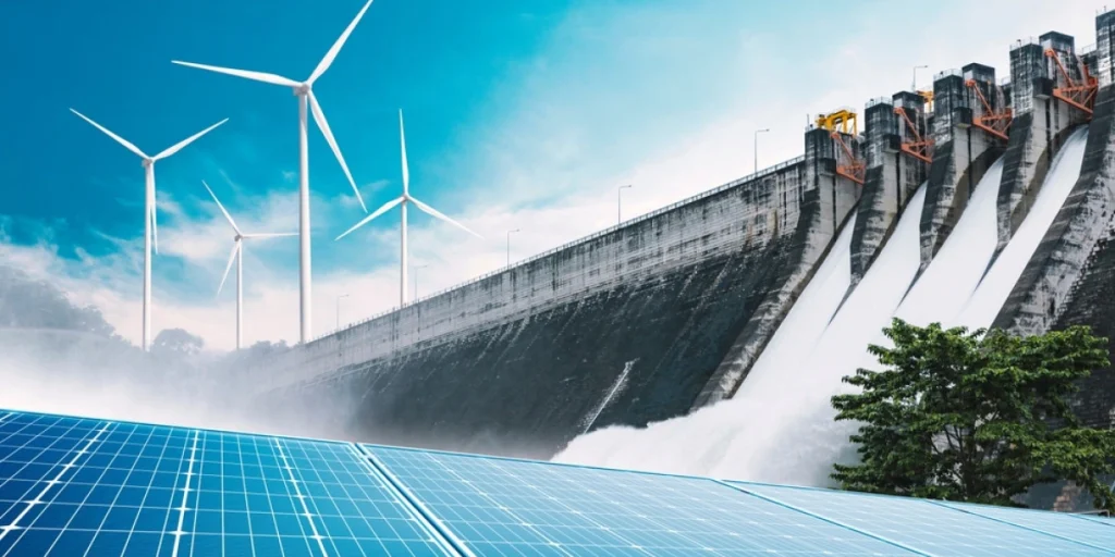 Wind,Power,Station,With,Turbines,,,Solar,Panels,And,Hydroelectric, vannkraft, vindmøller, solenergi