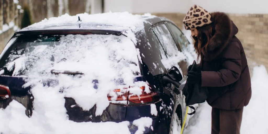 Woman,Connecting,Charging,Cable,To,Modern,Electric,Vehicle,Covered,In, Snow, vinter, elbil, ladekabel