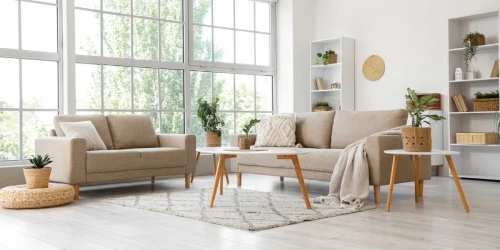 Interior,Of,Living,Room,With,Plants,In,Wicker,Baskets,,Sofas, gulvteppe, gulvtæppe, stue, vinduer, hjem