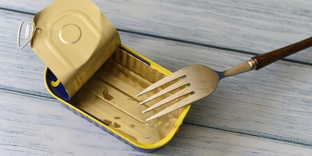 Empty,Fish,Can, tom makrellboks, makrell i tomat, resirkulering, søppel, garbage, recycling, fork, gaffel