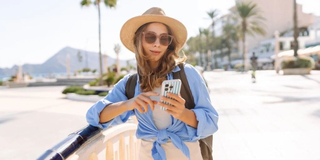 Young,Tourist,With,Phone,And,Backpack,Beach, Vacation, Holiday, sungralsses, ung kvinne på strand ferie med telefon