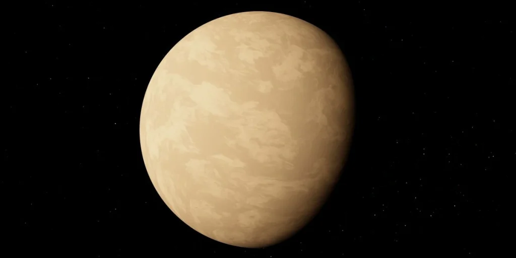 LHS 1140 b super-Earth exoplanet with a cloudy atmosphere, orbiting in the habitable zone in deep space, in a detailed 3D render at 8K resolution.