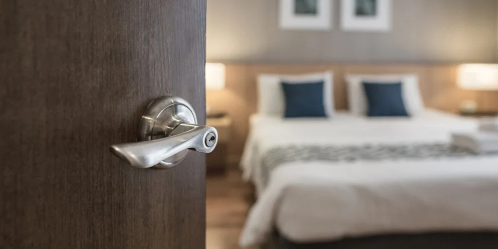 Bedroom door, doorhandle, hotel, bed, open door, åben dør på soveværelse, åpen dør på soverom