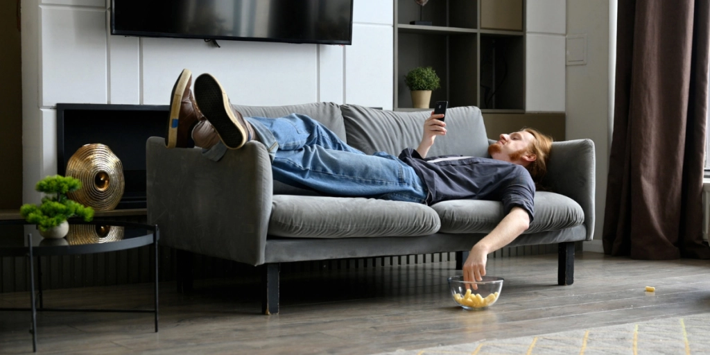 En man ligger i soffan och skrollar på mobilen